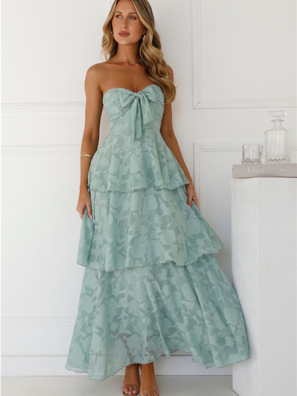Hello Molly Mint Green Strapless Tiered Lace Maxi with Bow